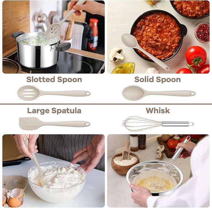 TeamFar 8 PCS Silicone Cooking Utensils - 446°F Heat Resistant Kitchen Silicon Utensils Set, Turner, Spatula, Spoon, Whisk, Kitchen Cooking Gadgets Tools for Nonstick Cookware, Dishwasher Safe-Khaki