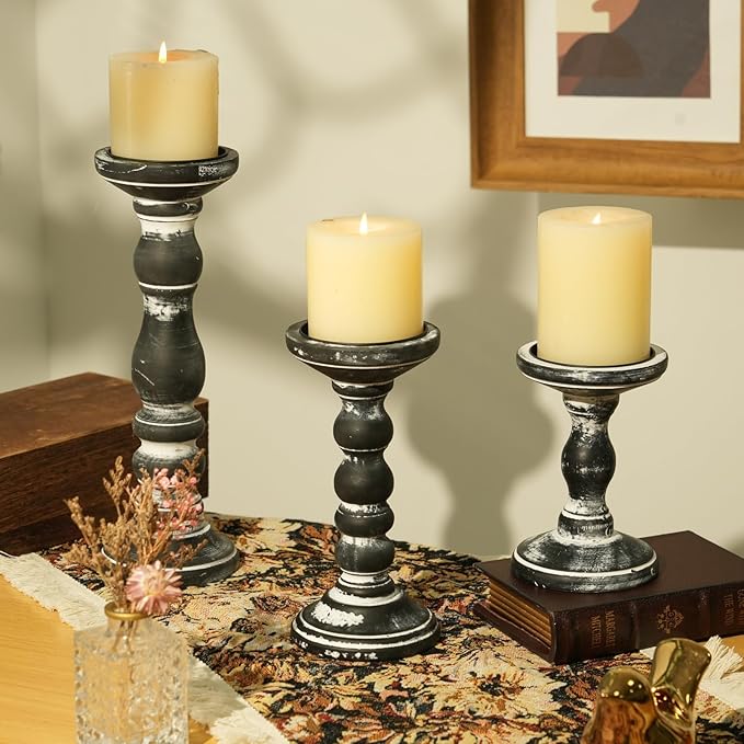 Wooden Pillar Candle Holder: Rustic Black Candle Stand Wood Distressed Candleholders Farmhouse Fall Decor for Christmas Fireplace Mantle Dining Table Living Room Shelf Set of 3