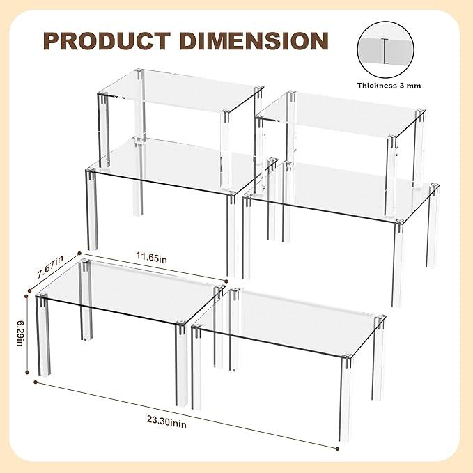 Acrylic Cabinet Organizer, Set of 4 Stackable Spice Rack for Kitchen Organizer Storage Countertop Spice Organization for Cabinet Display Shelves(Clear)