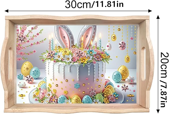 BAYUNOE 2Pcs DIY Diamond Serving Tray Rectangular Breakfast Tray with Handle Handmade Diamond Art Painting Wooden Tray Spring Creative Dinner Plate Coffee Room Living Home Organizer-03