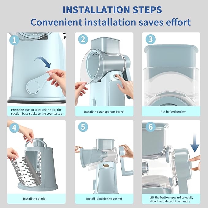 Rotary Cheese Grater with Handle - Compact Multi-Function Vegetable Shredder with 5 Sharp Blades & Strong Suction Base, Easy to Use Round Mandoline Slicer for Kitchen, Cooking, Camping & Travel