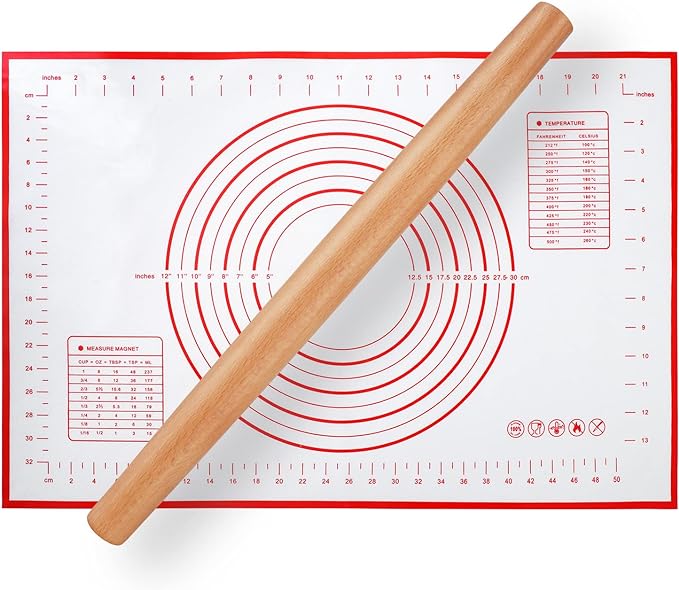 Wood French Rolling Pin for Baking, QUELLANCE Wooden Dough Roller with Silicone Baking Mat, Beech Wood Rolling Pins for Baking Dough, Pizza, Pie, Pastries, Pasta and Cookies,Red Pastry Mat