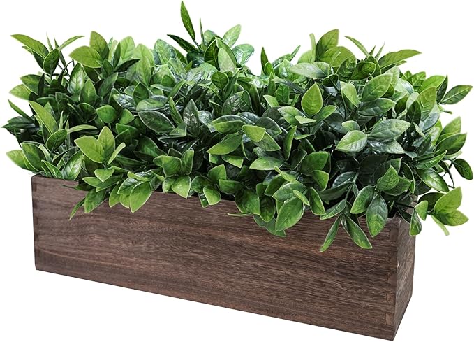 Winlyn 14" Artificial Boxwood Plants in Rectangular Wood Planter Farmhouse Greenery Arrangement Centerpiece Faux Potted Herb Plant for Wedding Dining Room Table Kitchen Windowsill Mantel Shelf Décor