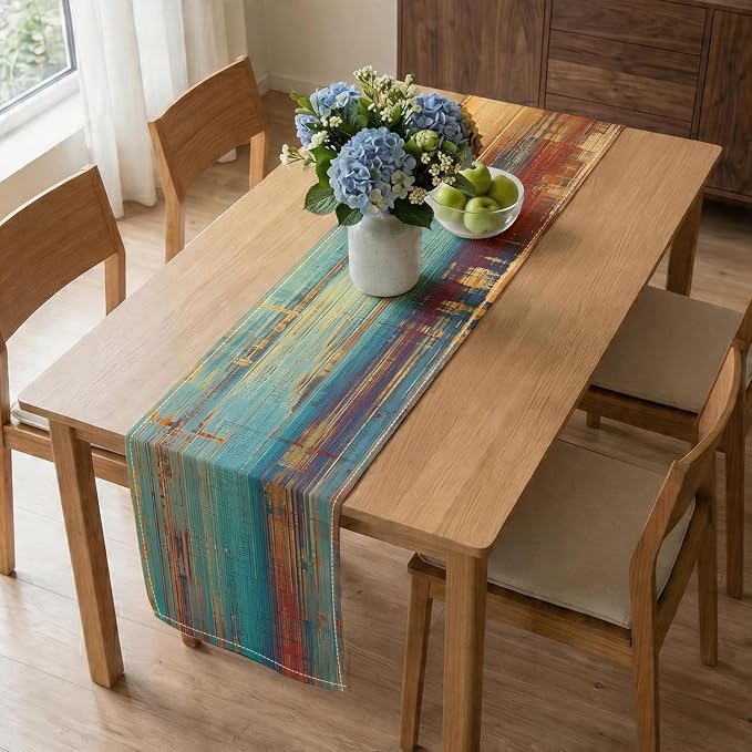 Niviy Brown Blue Wood Grain Linen Table Runner, 12x72 Inch Washable Table Runners Easy to Clean Kitchen Table Decor for Holiday Party Kitchen Dining Table Decoration