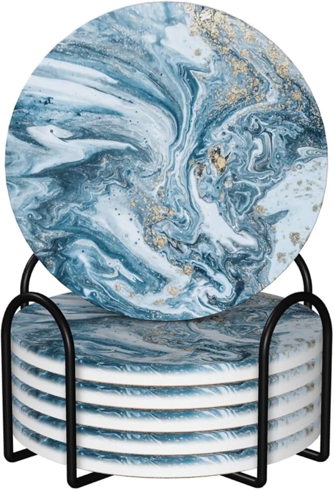 Royal Blue Marble 6Pcs Coaster Set with Holder Round Ceramic Coasters Modern Abstract Teal/Aqua Blue Marbling Absorbent Cup Drink Coasters Set for Modern Coffee Table Bar Wine Beer Stone Coasters
