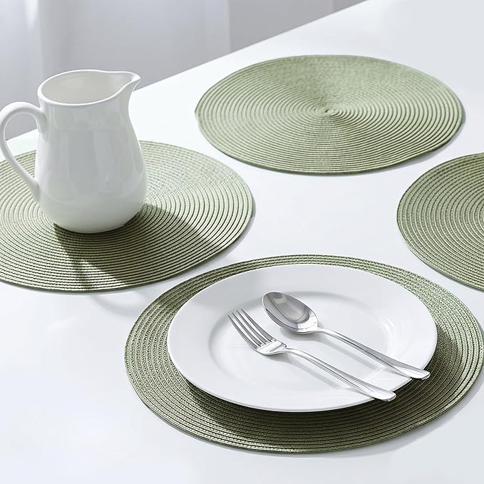 AHHFSMEI Round Placemats Set of 6 Heat Resistant Washable Non-Slip Woven Braided Table Mats for Dining Table Kitchen & Home Decor (Sage Green)