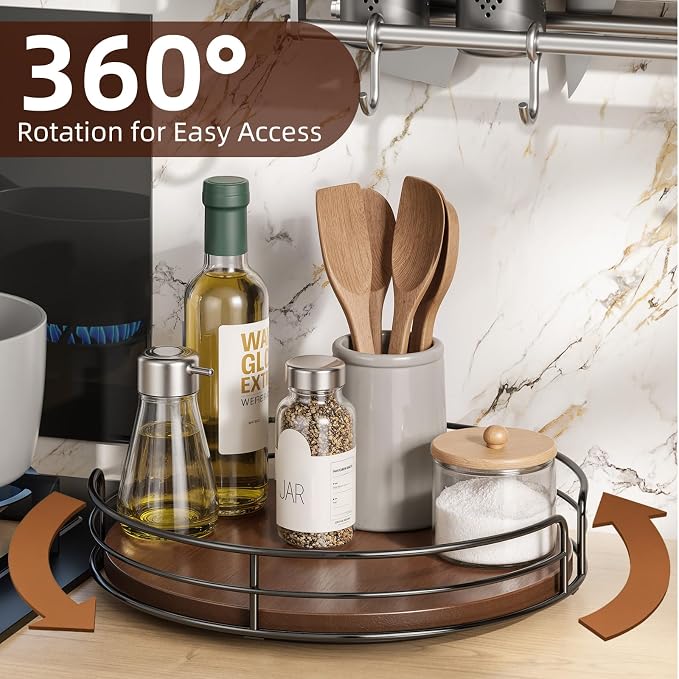 Optish 9" Lazy Susan Turntable for Table Top, Wooden Lazy Susan Organizer for Cabinet, Kitchen, Countertop, Pantry, Spice Organizer, Bathroom, Vanity, Table Decor, Non-Slip Bottom