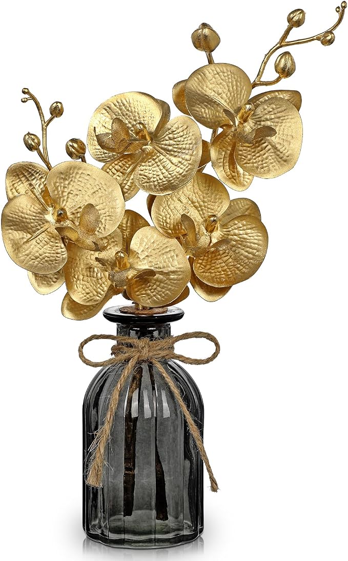 Oairse Artificial Orchids Flowers in Vase Faux Orchids Arrangement Small Gold Orchid Plant with Glass Vase Fake Flowers in Vases Phalaenopsis Orchid Centerpiece for Bathroom Bedroom Dining Room Table