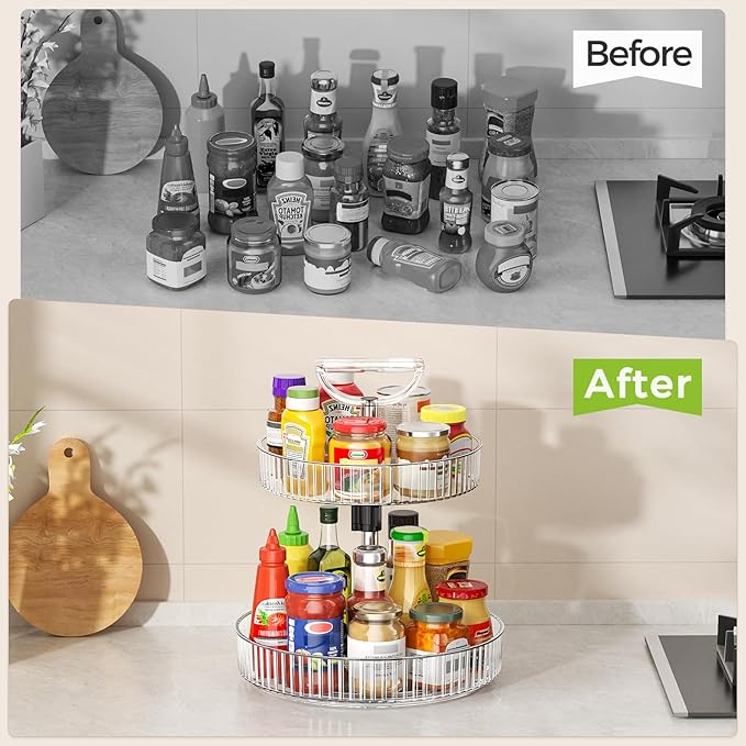 2-Tier Rotating Organizer with Handle – Adjustable Shelf, 360° Lazy Susan Turntable for Kitchen Countertop, Bathroom, Pantry – Multi-Functional Storage for Spices, Cosmetics, Snacks, Fruits