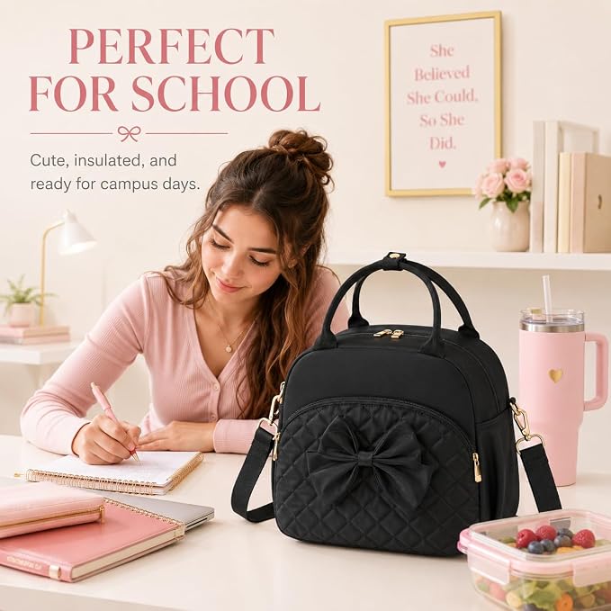 LEDAOU Lunch Box for Women, Insulated Lunch Bag Women with Adjustable Shoulder Strap, Cute Black Lunch Tote Bag for Work, Womens Lunch Bag with Bowknot, Front Zipper Pocket & Side Pockets