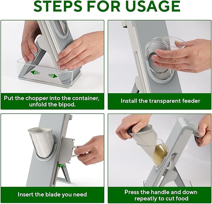 Eletronova Safe Mandoline Slicer for Kitchen, Vegetable Slicer with Container, French Fry Cutter, All in 1 Julienne Slicer for Potato, Thickness Adjustable, Detachable Blade, Dishwasher Safe（Grey-2）