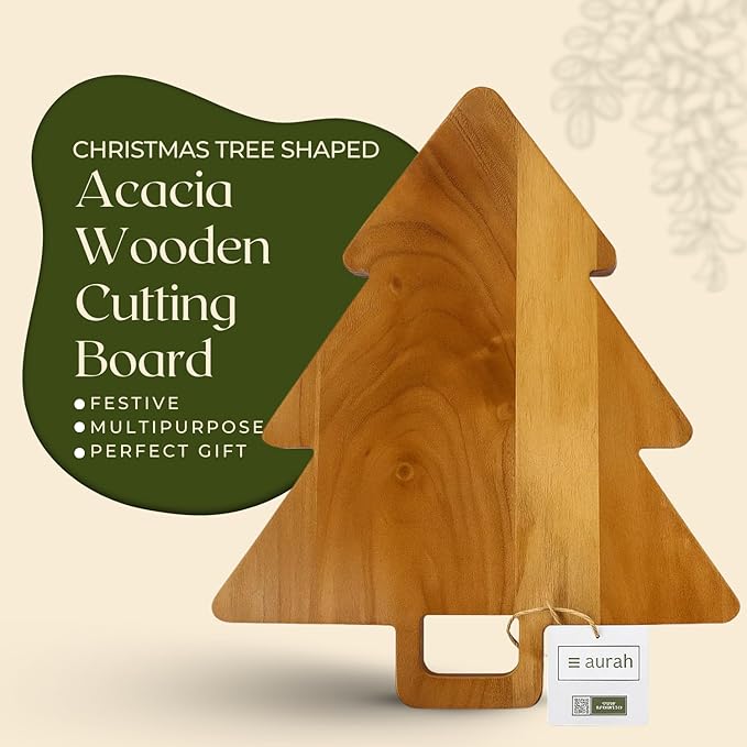 Aurah Acacia Wood Christmas Tree Cutting Board 14x11 Inch - Chopping Board with Handle, Xmas Cheese Appetizer Tray, Wooden Decorative Serving Platter for Kitchen & Holiday Party