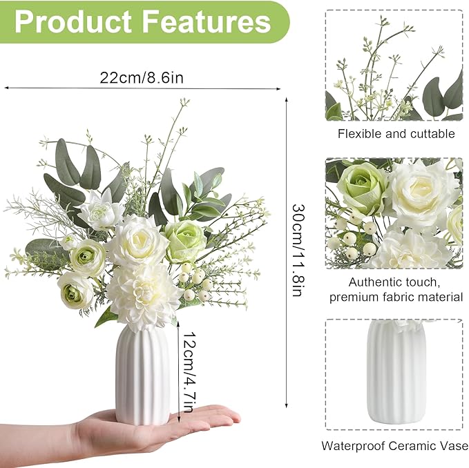 Small 11" Artificial Flowers in Ceramic Vase - White Green Silk Flower Centerpiece for Dining Table, Office, Wedding & Farmhouse, Home Decor Gifts