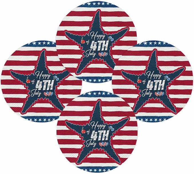 4th of July Round Placemats Set of 4 Happy 4th of July Place Mats Independence Day Woven Placemat Red White Blue Starfish Star Stripes Circle Braided Table Mat for Kitchen Dining Table Party 15 Inch