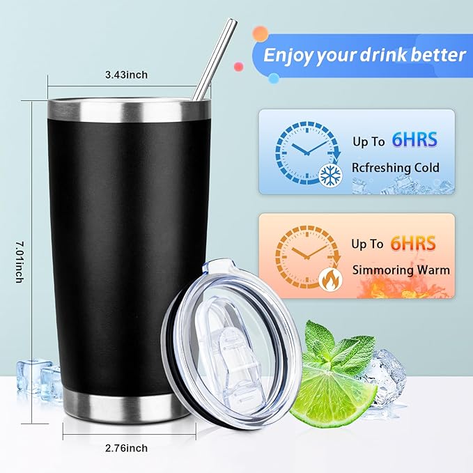 20oz Tumbler with Straw and Brush, Stainless Steel Vacuum Insulated tumbler, Double Wall Insulated Coffee Tumbler for Outdoor, Home, Travel,Office (Black,1pcs)