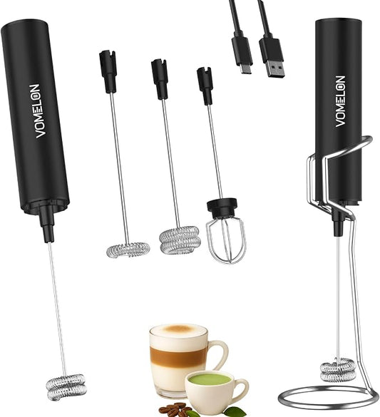 Rechargeable Milk Frother with Stand, Electric Whisks Foam Maker, POWERFUL USB C 2 Speed Handheld Drink Mixer for Coffee, Latte, Cappuccino, Matcha Drinks,Black