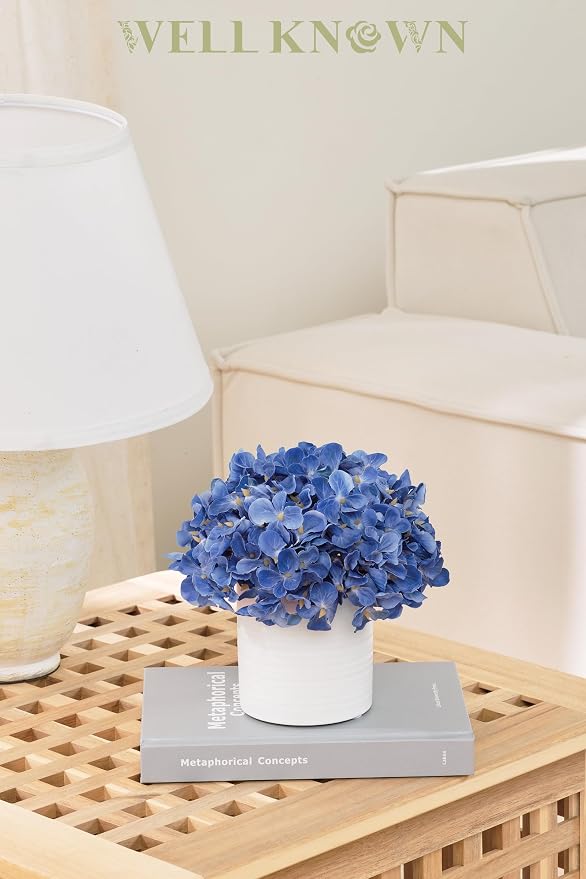 Blue Hydrangea Fake Flowers in Vase, Artificial Flowers with Ceramic Vase, Small Faux Potted Floral Arrangements for Home Bathroom Kitchen Office Coffee Table Wedding Party Centerpiece Decor & Gift