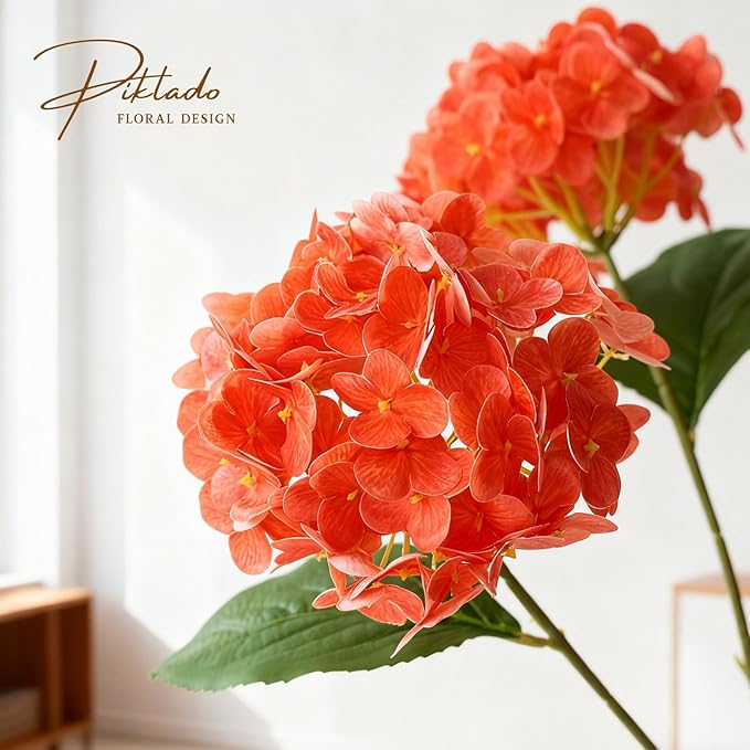 A Bunch 20in, Real Touch Hydrangea Artificial Flowers, with 5pcs Flower Head 8pcs Leaves, Faux Hydrangea Flowers for Home Office Decor Wedding Party Arrangements (1, Orange-red)