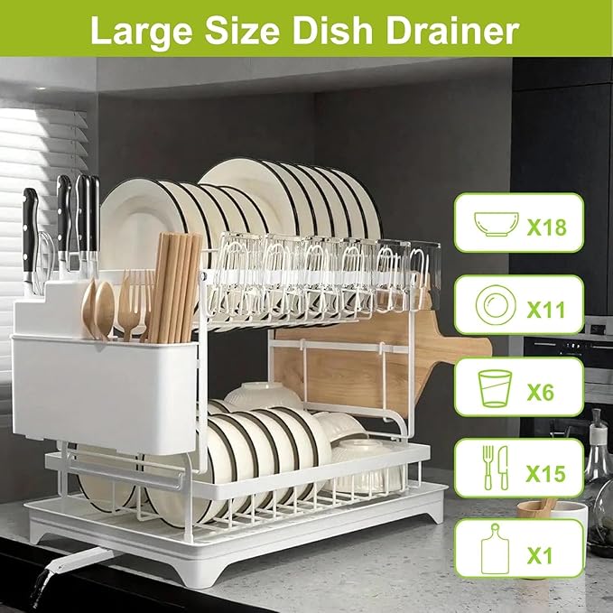 2 Tier Dish Drying Rack, Small Dish Rack for Kitchen Counter, Detachable Capacity Dish Drainer Organizer with Cutlery & Cup Holder (White)