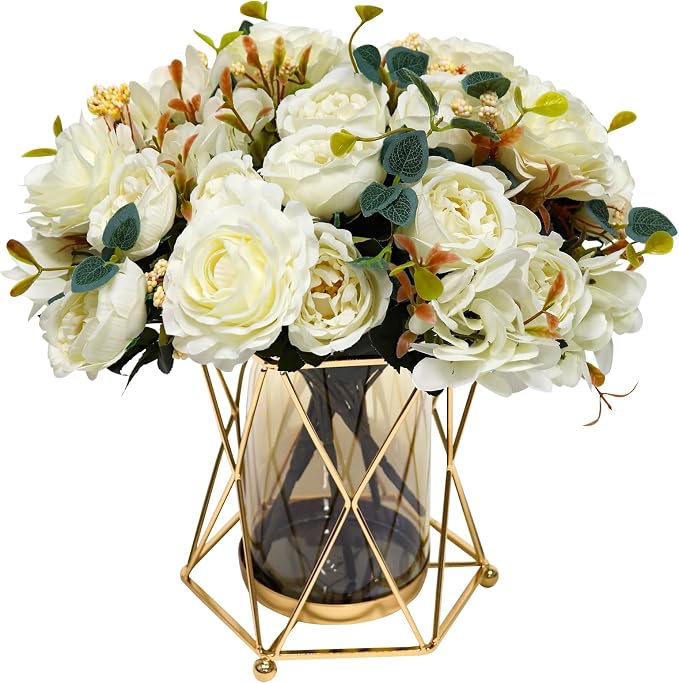 Faux Flowers with Vase, Silk Peony Bouquet Artificial Flowers in Vase, Fake Flowers Floral Arrangement for Home Decor Indoor, Table Centerpieces Flowers Decoration for Farmhouse (White Peony)