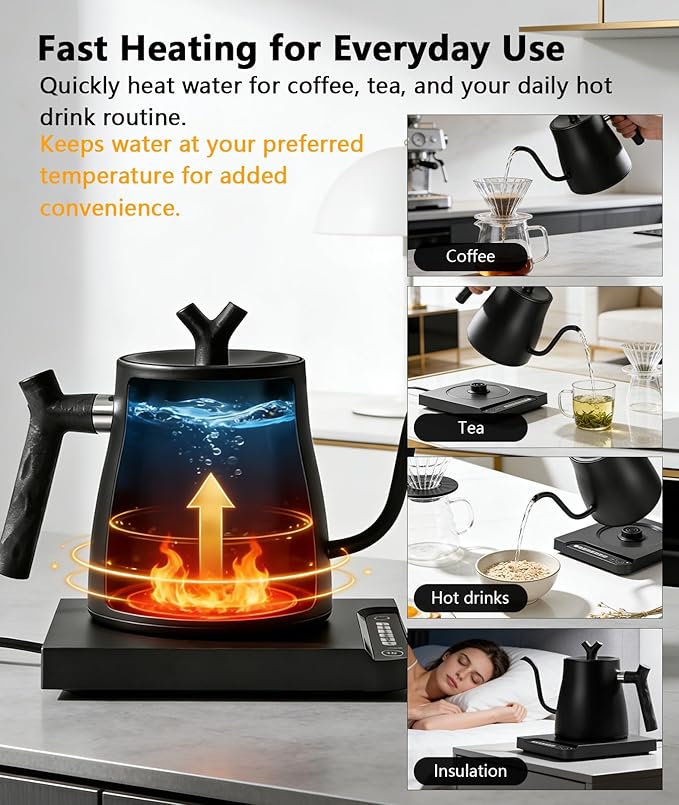 Gooseneck Electric Kettle, 1.0L Pour Over Coffee Kettle with Variable Temperature Control, 1200W Fast Heating, Keep Warm, 100% Stainless Steel Interior, Matte Black