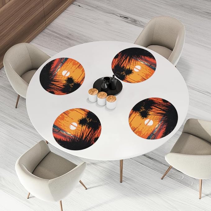 Round Placemats Set of 4, Summer Beach Sunrise Trees Woven Placemats Mats Non-Slip Heat Resistant Washable Table Mats Round Braided Place for Farmhouse Kitchen Dining Party Decor 15in