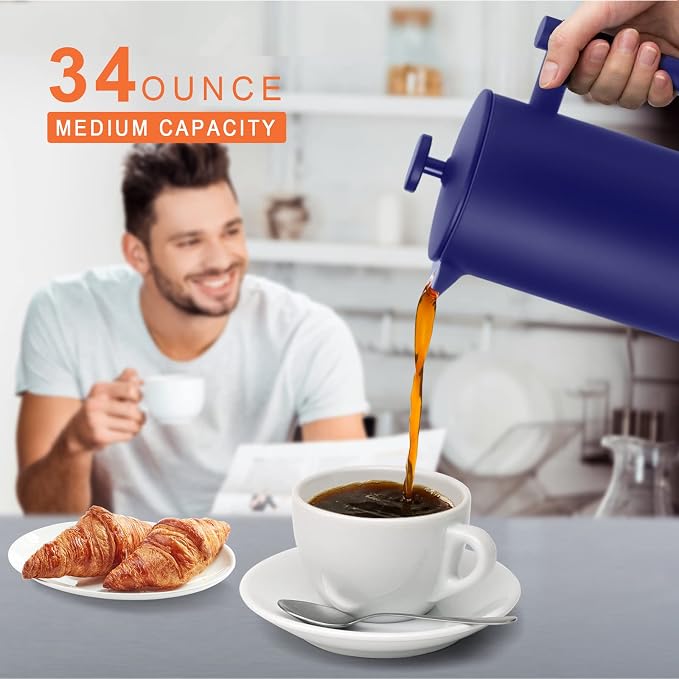 Secura French Press Coffee Maker, 304 Grade Stainless Steel Insulated Coffee Press with 2 Extra Screens, 34oz (1 Litre), Blue (Pack of 2)