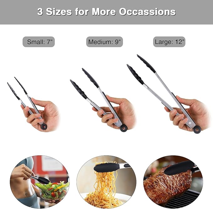 Kitchen Tongs Set of 3, Black Cooking Tongs with Silicone Tips, Non-Stick Non-Scratch Heat Resistant Tongs for Grilling Cooking BBQ Buffet Salad (Black, 7/9/12 Inch)