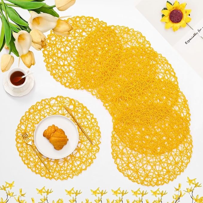 IcosaMro Yellow Round Placemats Set of 6 for Dining Table, 15 Inch Paper Woven Boho Decorative Circle Place Mat for Wedding Christmas Thanksgiving Day Holiday Dinner, 15 Inch,Yellow
