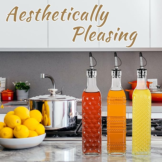 3-Pack Glass Oil Dispensers 500ML/17OZ, Oil and Vinegar Bottles Set with Stainless Steel Pourers, Brush, Funnel, Seal Caps (Square)