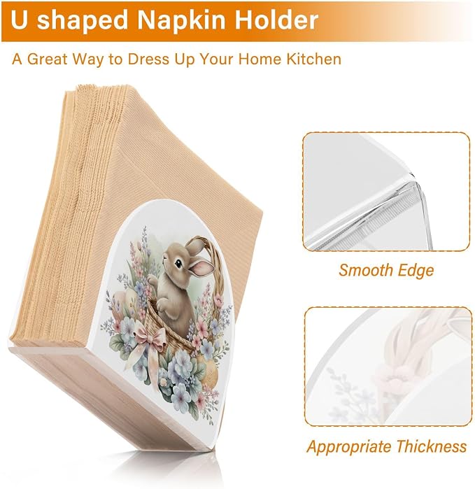 Cute Watercolour Little Rabbit Easter Napkin Holder for Tables Paper Cocktail Napkin Holders for Kitchen Dinning,Acrylic Dinner Napkin Dispenser for Restaurant Home Decor Bar Accessories 2 Pack