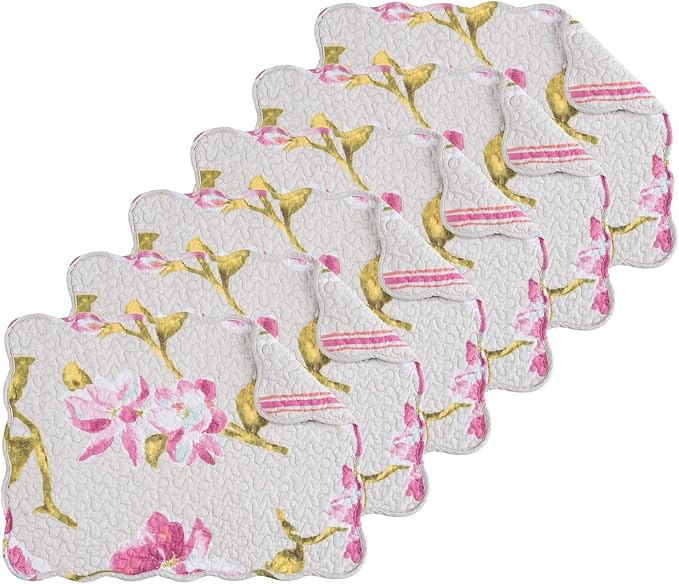 C&F Home Nylah Floral Vintage 100% Cotton Quilted Set of 6 Placemats 13" x 19" Versatile Spring Springtime Summer Kitchen Dining Dinner Table Tabletop Scalloped Machine Wash Reversible Decor