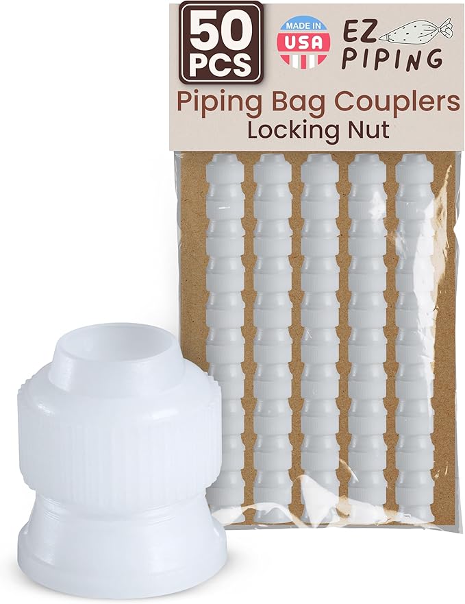 Cake Decorating Piping Bag Couplers - Locking Nut Cake Decorating Supplies Icing Bag Connector Pastry Kit Cupcake Decorating Kit Baking Supplies, Fits Most Standard Tips, Made In USA (50 Pcs)