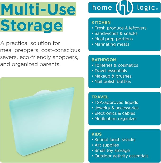 Home Logic Reusable Sandwich Bags - Set of 6 Pool Blue Silicone Freezer Bags, Airtight Leak Resistant Reusable Zip Bags for Kitchen Home Food Prep, Microwave & Sous Vide Safe