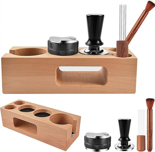Espresso Accessories Kit 5-PCS Including Wooden Portafilter Station Organizer | 58MM Coffee Distributor | 58MM Tamper Press | WDT Stirrer Needle | Coffee Mat Brush, Multipurpose Espresso Tools