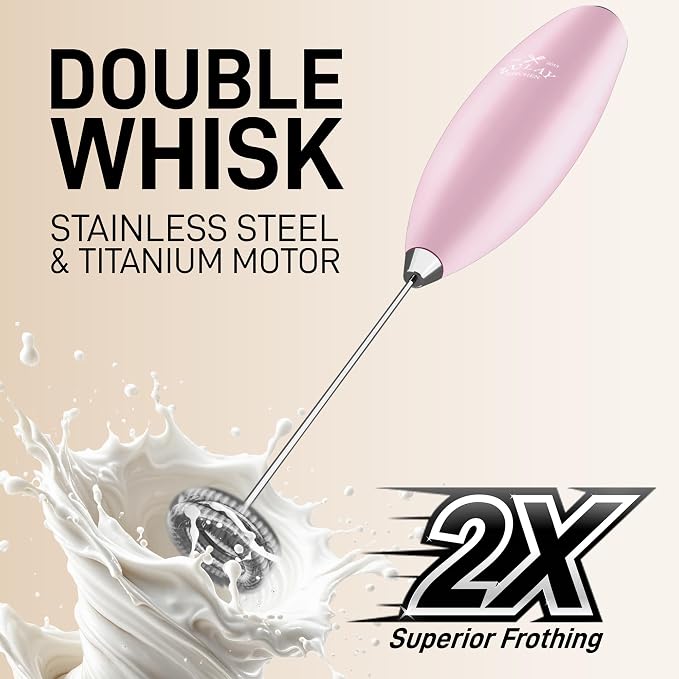 Zulay Kitchen Powerful Double Whisk Milk Frother Handheld - Foam Maker With Stand - Whisk Drink Mixer for Coffee, Mini Foamer for Latte, Matcha, Frappe, Hot Chocolate & Cappuccino - Magnetic Pink