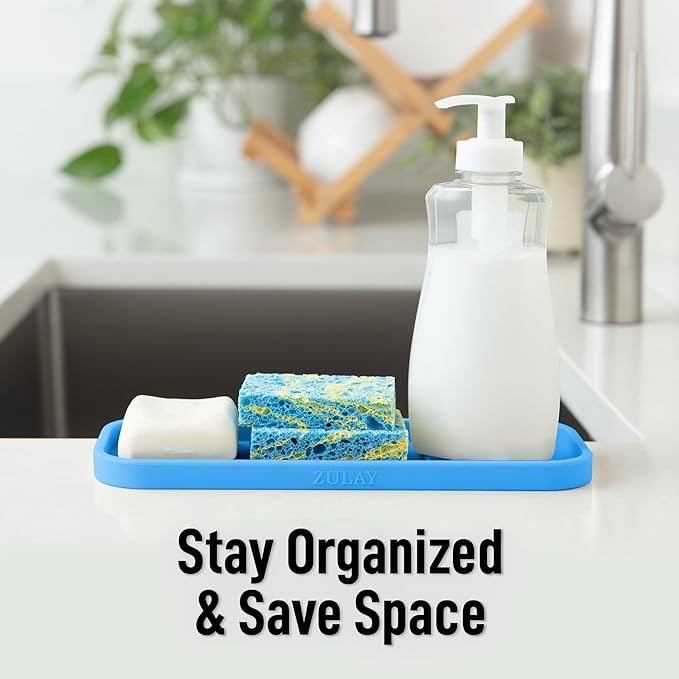 Zulay Kitchen (9x3.5) Silicone Sponge Holder for Kitchen Sink - Flexible Multipurpose Kitchen Soap Tray Sponge Holder - Sink Organizer Tray for Kitchen, Bathroom, Makeup, Trinkets & More (Blue)