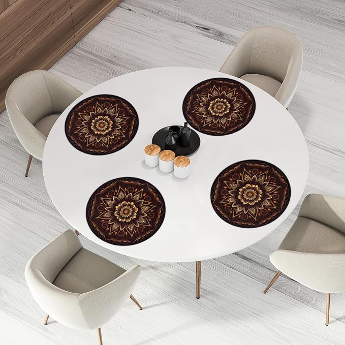 Round Placemats Set of 4, Fire Mandala Flowers Woven Placemats Mats Non-Slip Heat Resistant Washable Table Mats Round Braided Place for Farmhouse Kitchen Dining Party Decor 15in