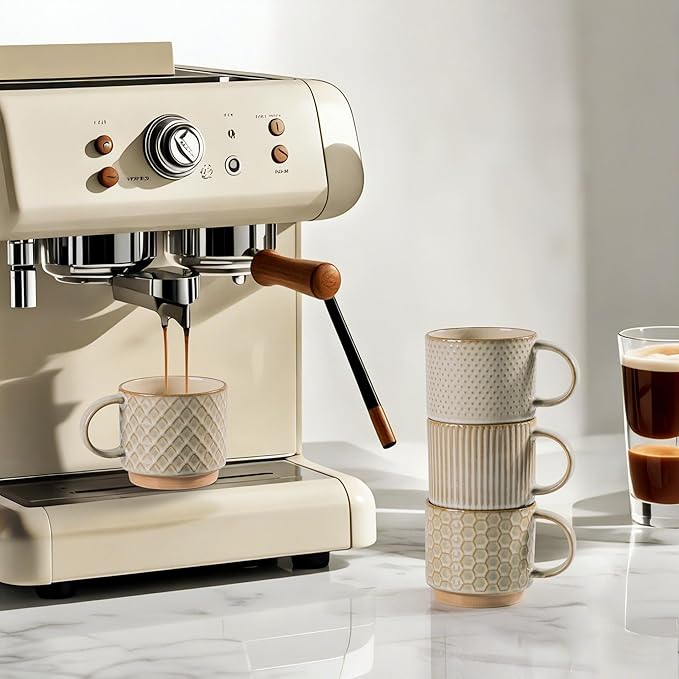 GBhome 12OZ Stackable Coffee Mugs with Stand, Ceramic Coffee Mugs with Texture Patterns for Man,Woman,Dad,Mom, Modern Coffee Cups Set of 4 for Latte/Cappuccino/Cocoa. Dishwasher&Microwave Safe