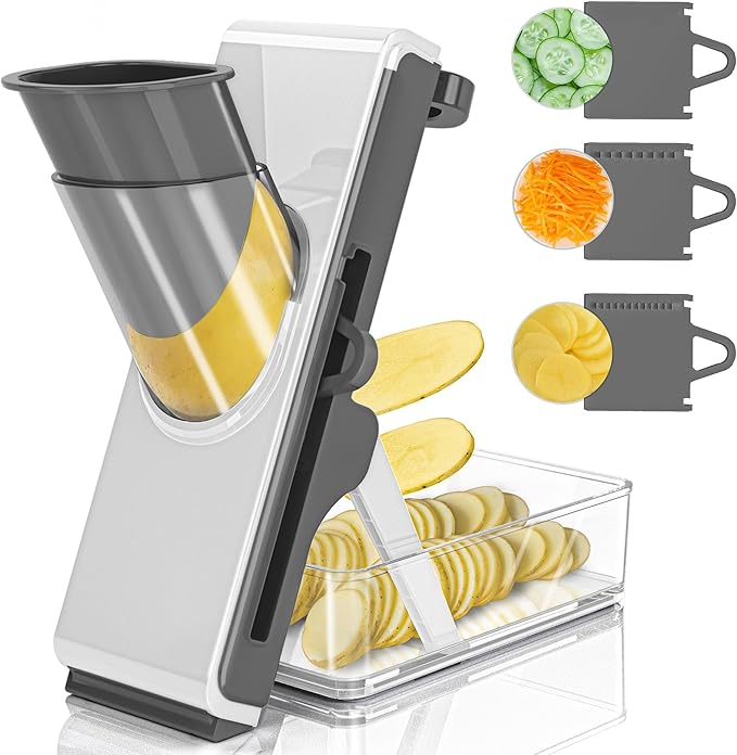 Eletronova Safe Mandoline Slicer for Kitchen, Vegetable Slicer for Kitchen，Kitchen Food Slicer, French Fry Cutter Julienne Dicer for Vegetables Grey (White & Green) (White & Light Gray)