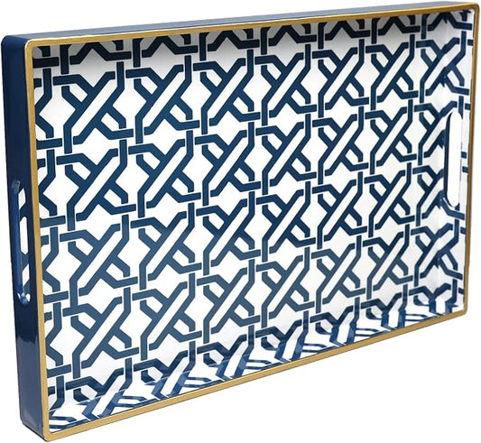 Spsyrine White Serving Tray, Plastic Marbling Tray for Coffee Table, Stylish Rectangular Decorative Tray with Handles, Ottoman Tray for Living Room, Bathroom, 15.6” X 10.2"
