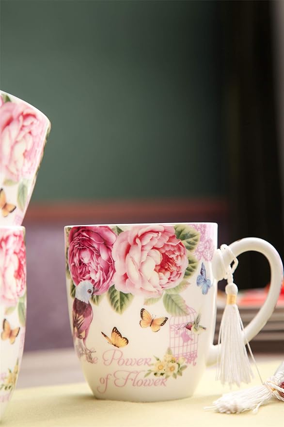 London Boutique Tea Coffee Cup Mug Set 4 Porcelain Bird Rose Butterfly Shabby Chic design in Gift Box 330ML 11oz
