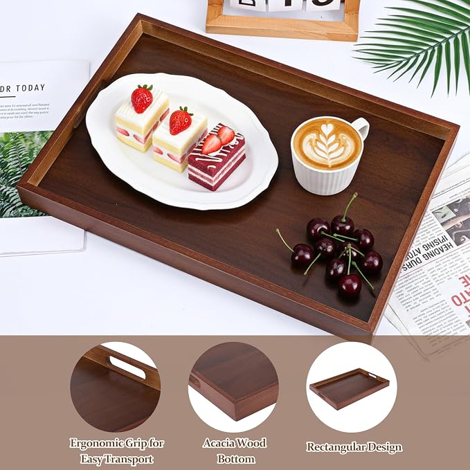 2 Pcs 17 Inch Acacia Wood Serving Trays with Handles, Large Wooden Tray Platter for Ottoman, Breakfast in Bed, Coffee Table, Decorative Rectangular Tray for Living Room Bedroom Kitchen