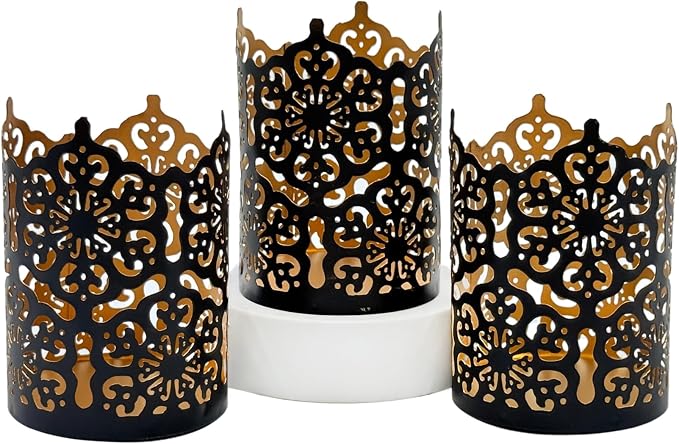 Hosley Set of 3 Black Finish Metal Candle Holders 4 Inch High Lattice Cut Lanterns for Coordinated Elegance and Enchanting Illumination Elevate Your Decor