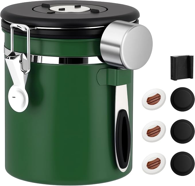 ShanSon Coffee Canister Airtight, Stainless Steel Bean Storage Container with Date Tracker & Scoop, Grounds Sugar Flour Tea Cereal Fits Kitchen Pantry, Ideal Gift for Coffee Lovers,16oz, Dark Green