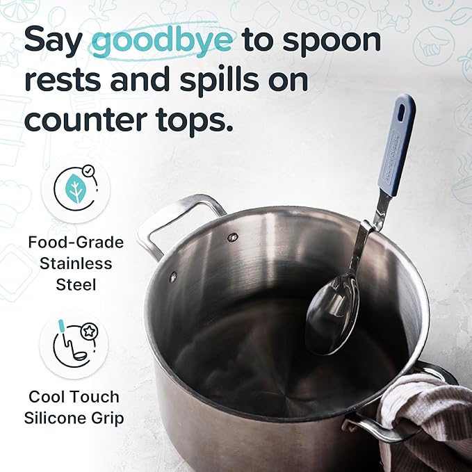 Souper Cubes + Lori Greiner No Mess Stainless Steel Cooking Spoon with Silicone Handle - Stainless Steel Serving Spoon No Mess Design Hooks on Side of Any Pot - Blueberry