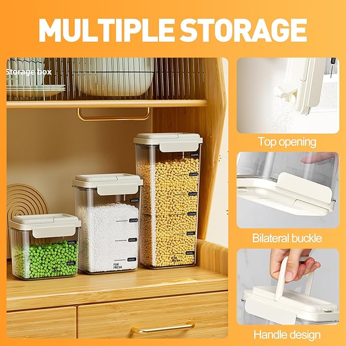 3-Piece Airtight Storage Set - 1200ml+2000ml+2800ml with Handheld Design, BPA-Free Food-Grade, Stackable Organizers for Flour, Grains, Oats, Pasta, Pet Food (Light Grass Green)