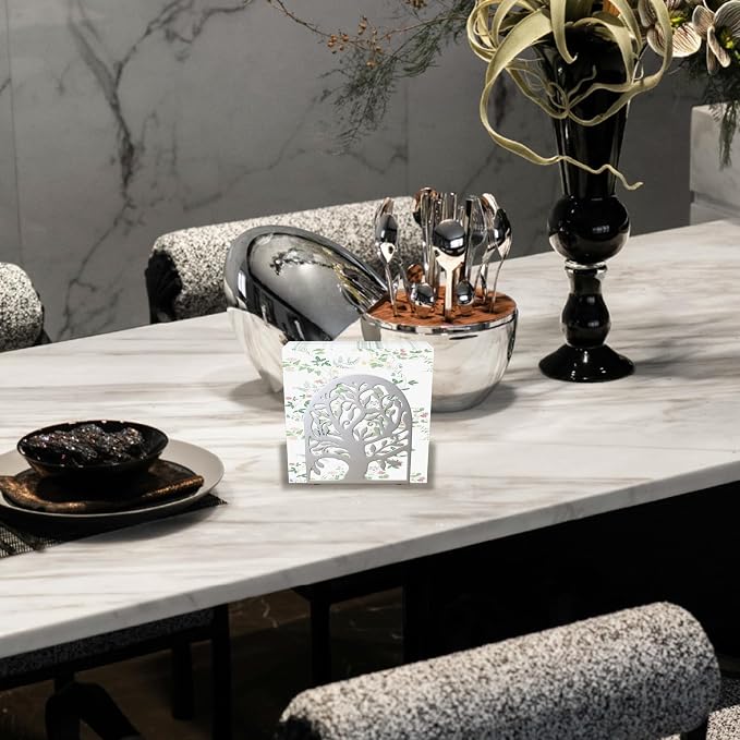 Metal Napkin Holder for Table – Decorative Tree of Life Napkin Holders for Kitchen & Dining Table, Fits Cocktail, Lunch Guest Paper Napkins, Silver Countertop Napkin Holder for Home, Restaurant & Bar