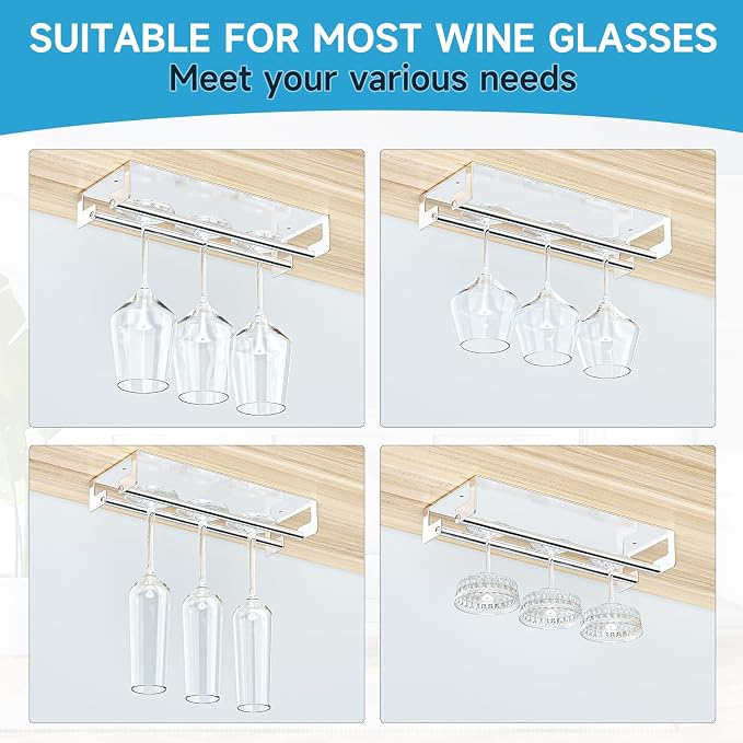 2Pcs Wine Glass Holder Under Cabinet or Shelf, Stainless Steel Stemware Rack, Hanging Wine Glass Storage Organizer for Bar Kitchen Restaurant, Silver