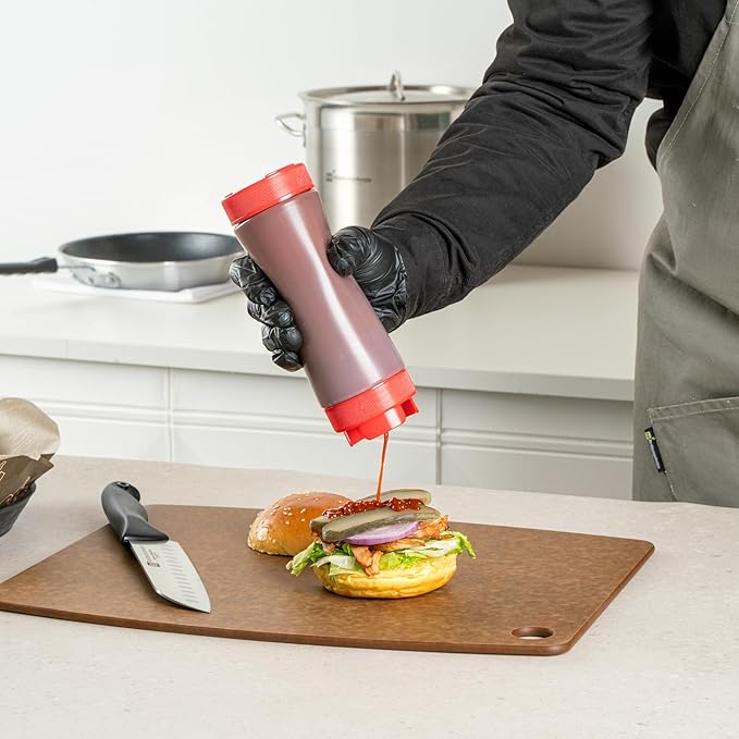Restaurantware Plastic Squeeze Bottle 20 oz Refillable Condiment Bottle Large Valve Dishwashable Red Inverted Sauce Dispenser For Thick Condiments, Dressings, Batter, Sour Cream, And Syrups